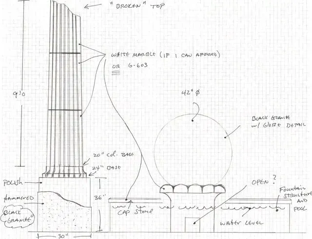 Hand-drawn bridge sketch with labeled towers, cables, deck, and roadway on graph paper
