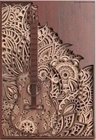Intricate wooden guitar-shaped carved panel with floral scrollwork on a warm brown background