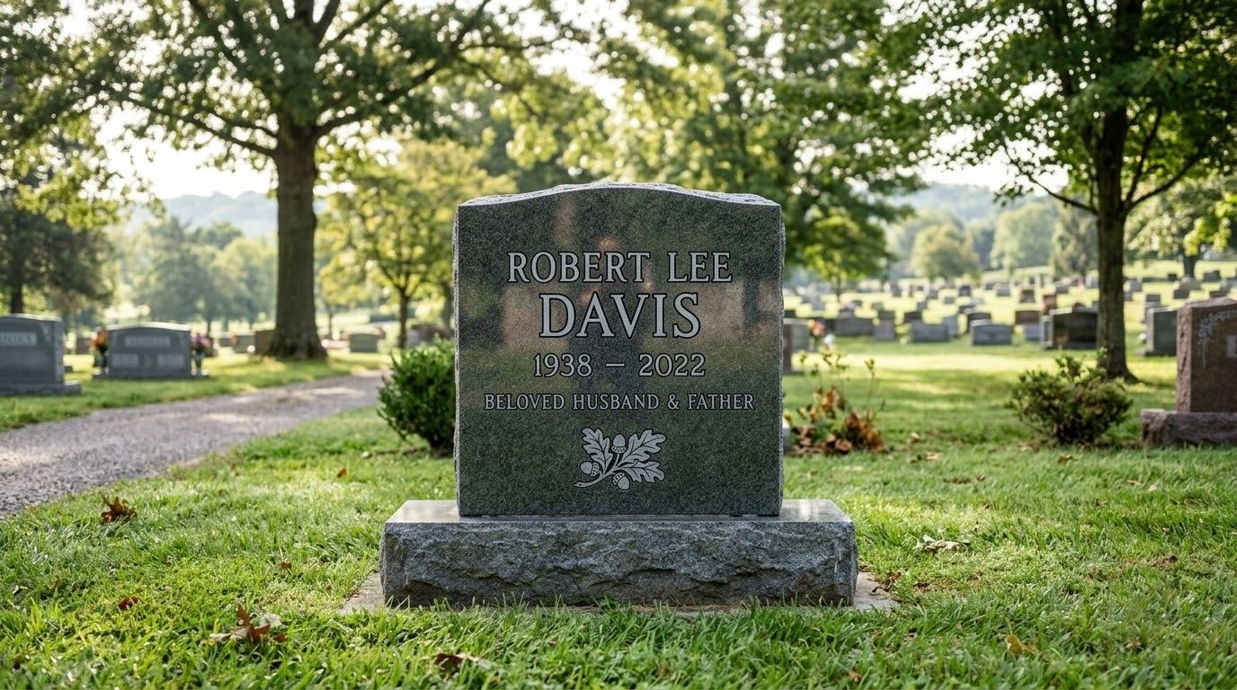 Gravestone in a cemetery with trees and rows of markers in the background