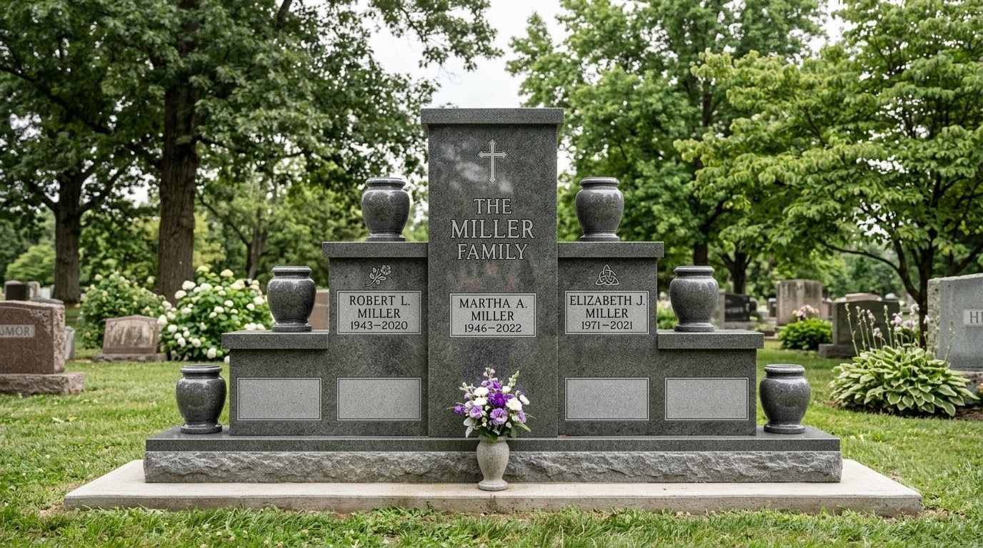 Gray granite cemetery memorial with multiple name plaques and flower vases, set among trees and greenery