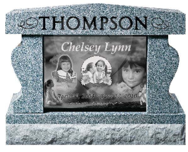 Gray granite memorial headstone engraved with THOMPSON and a photo plaque reading Chelsey Lynn