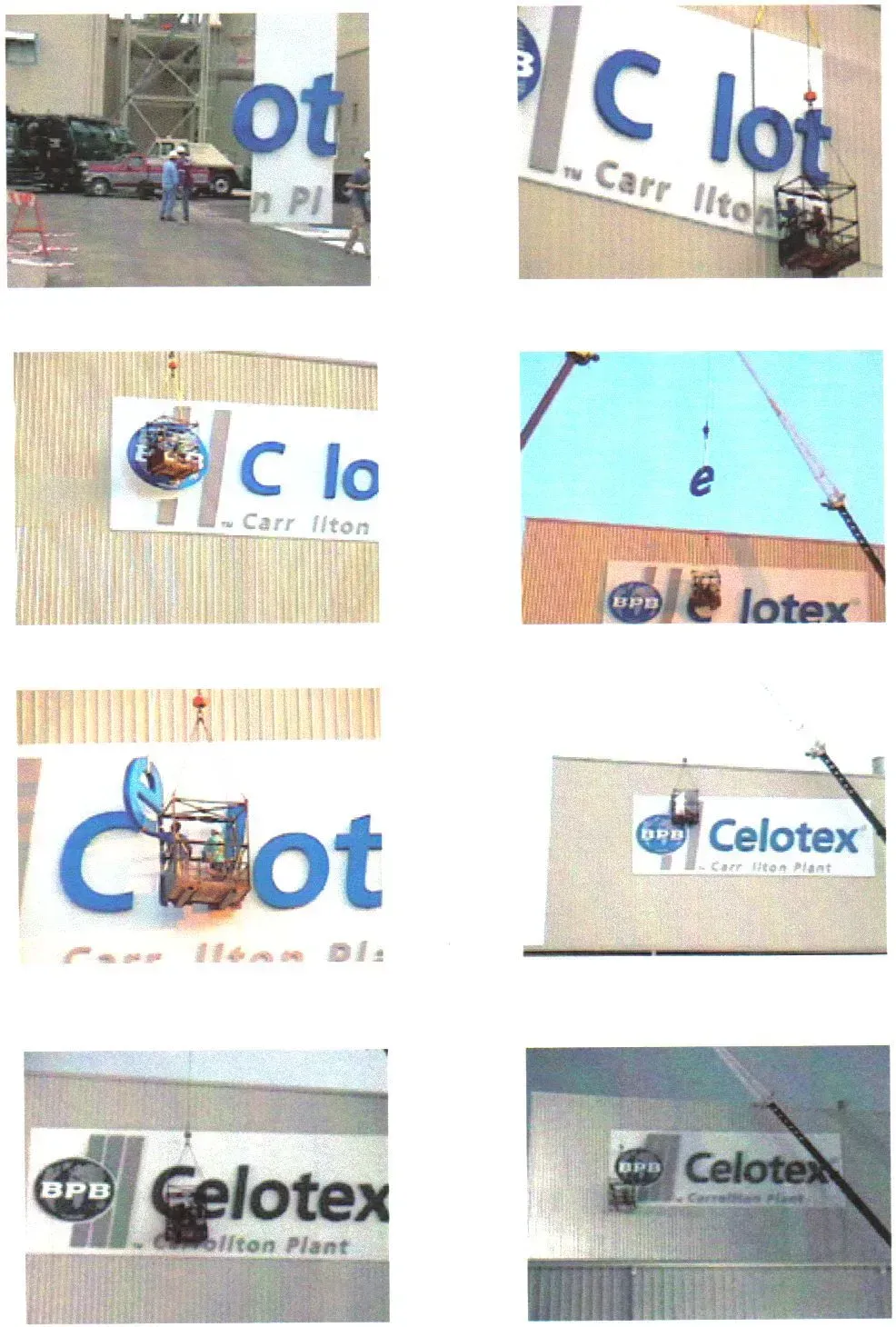 Collage of storefront signs and logos, including Celotex, on building exteriors and banners