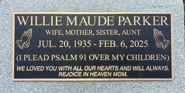 Memorial plaque with gold text on dark blue for Willie Maude Parker, July 20, 1935–Feb. 6, 2025.