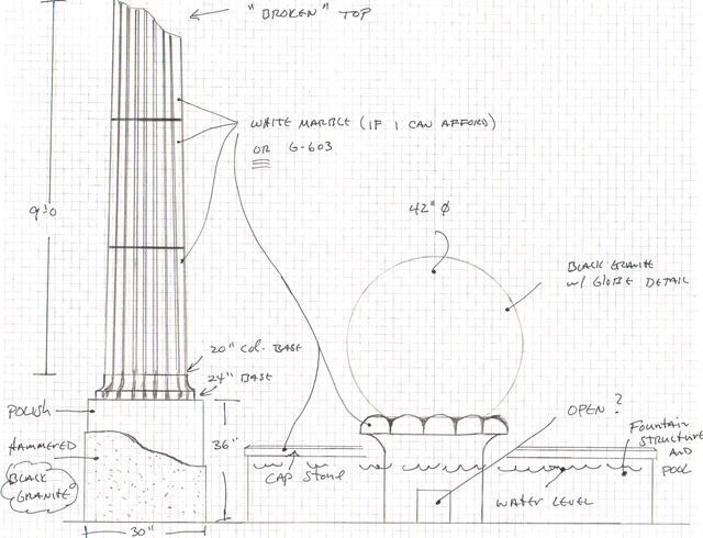 Hand-drawn engineering sketch of a tower and spherical dome with labeled dimensions and notes.
