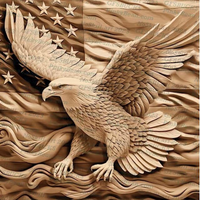 Sculpted bald eagle with spread wings over a flowing American flag background