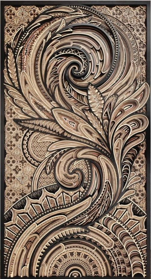 Ornate beige and brown swirling floral tile pattern with intricate decorative motifs