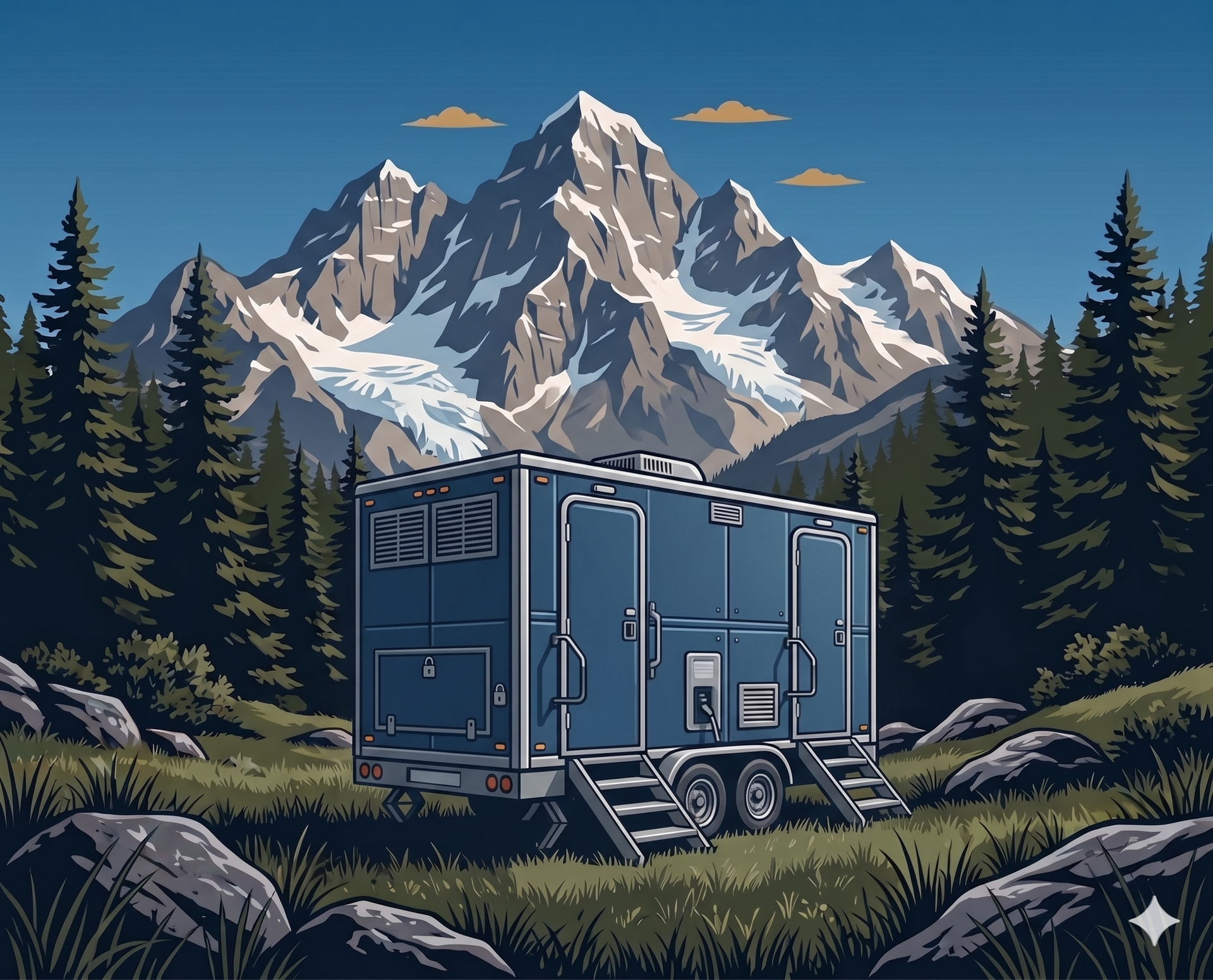 Blue cabin in a forest clearing with snowy mountains in the background at dusk