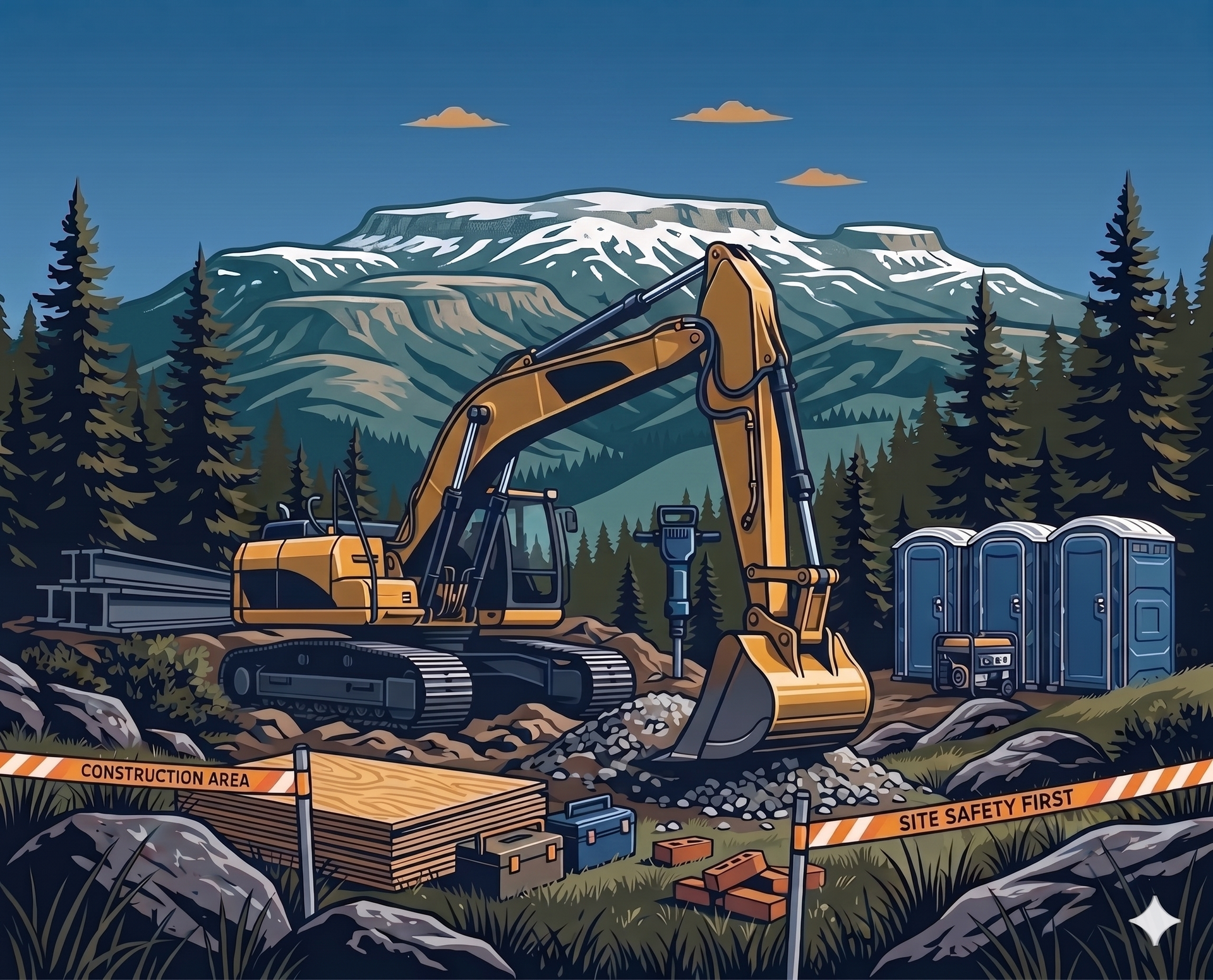 Excavator at a mountain construction site with evergreen trees, portable toilets, and snowcapped peaks in back.