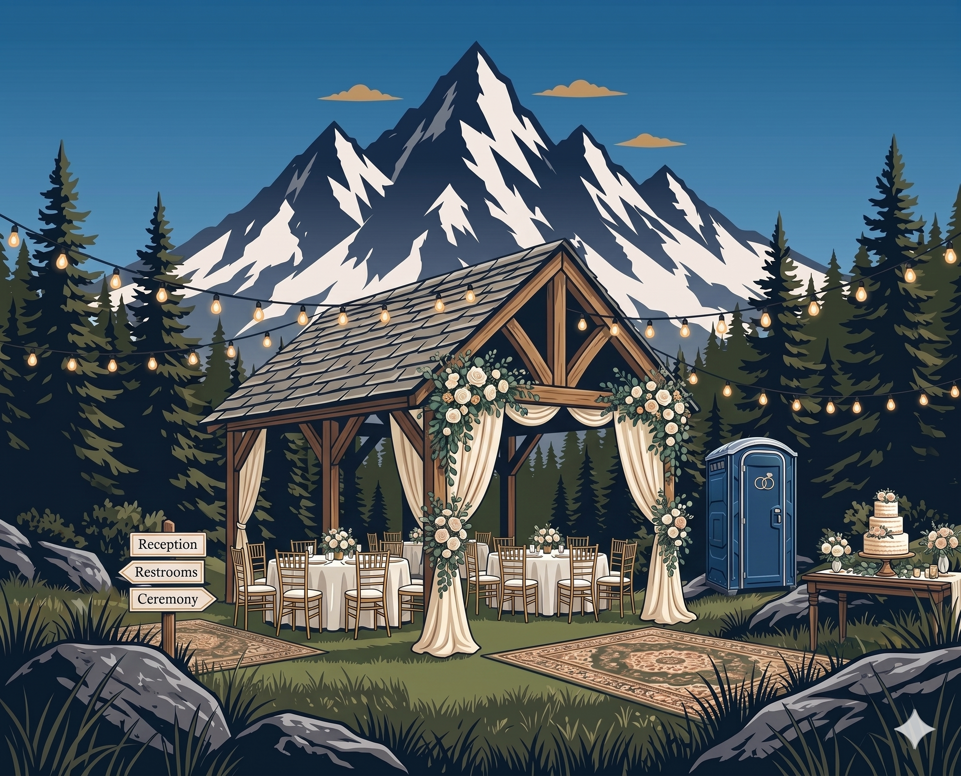 Mountain wedding pavilion with white chairs and drapes, pine trees, blue sky, and snowy peaks in the background