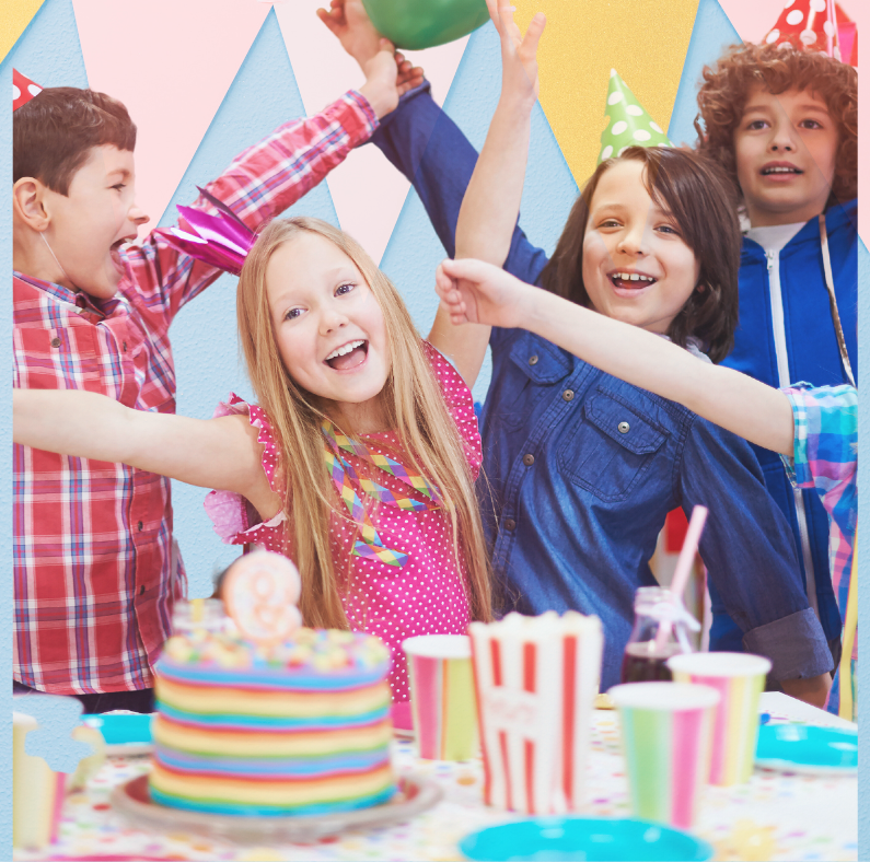 A group of children are celebrating a birthday with a cake and cups