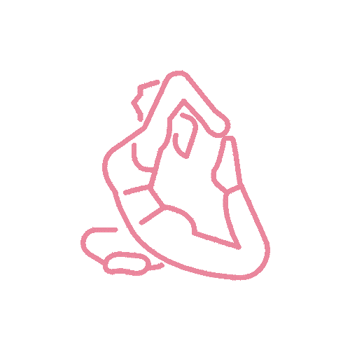 A pink line drawing of a person performing a yoga pose, bending backward with their arms raised.