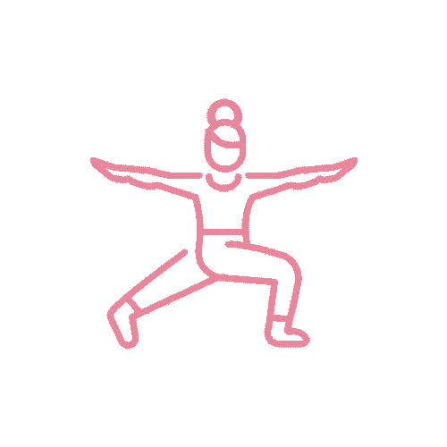 A pink outline icon of a person performing a yoga warrior pose.