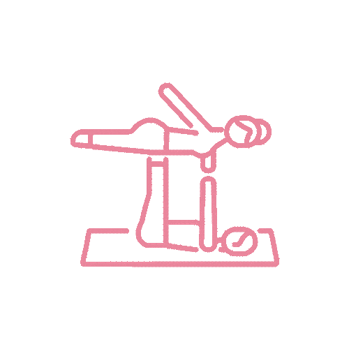 A pink line-art icon of two people performing acro-yoga, with one person balancing on the other's feet.