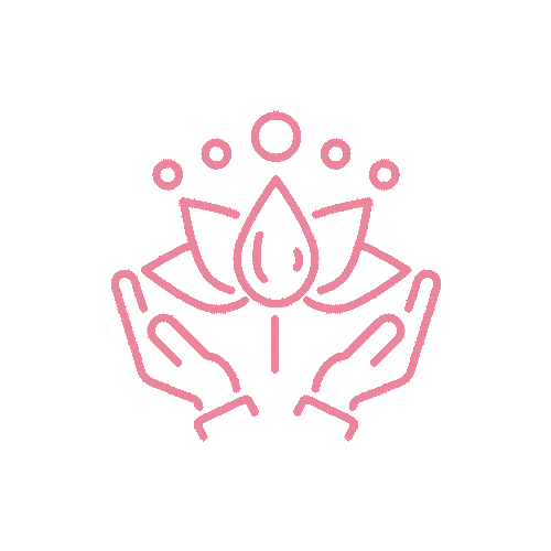 A stylized, pink line-art icon showing two hands cupping a lotus flower with a water droplet, under five small dots.