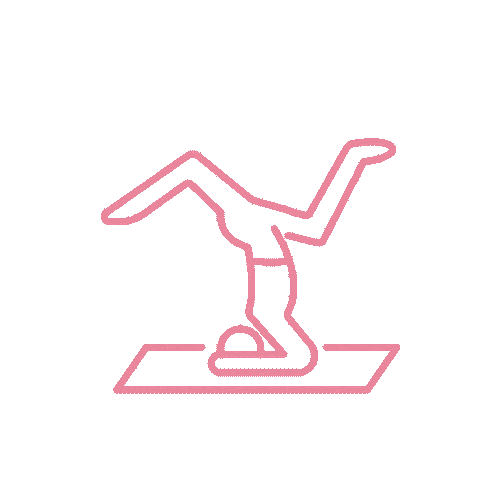 A pink line-art icon of a person performing a headstand yoga pose on a rectangular mat.
