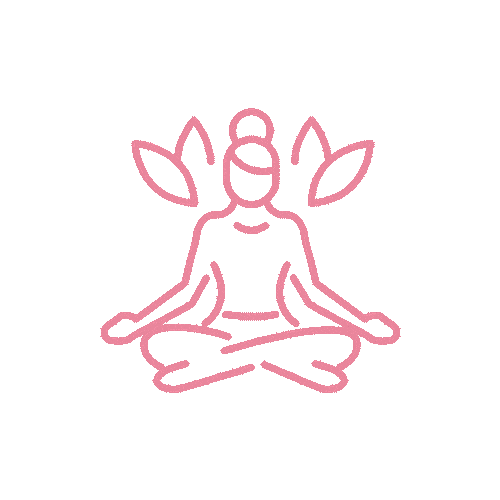 A pink outline icon of a person sitting in a lotus meditation pose with stylized leaf shapes behind them.