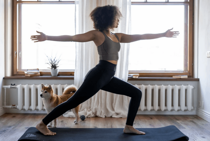 A person practicing a yoga warrior pose on a mat in a room with a shiba inu dog standing behind them.