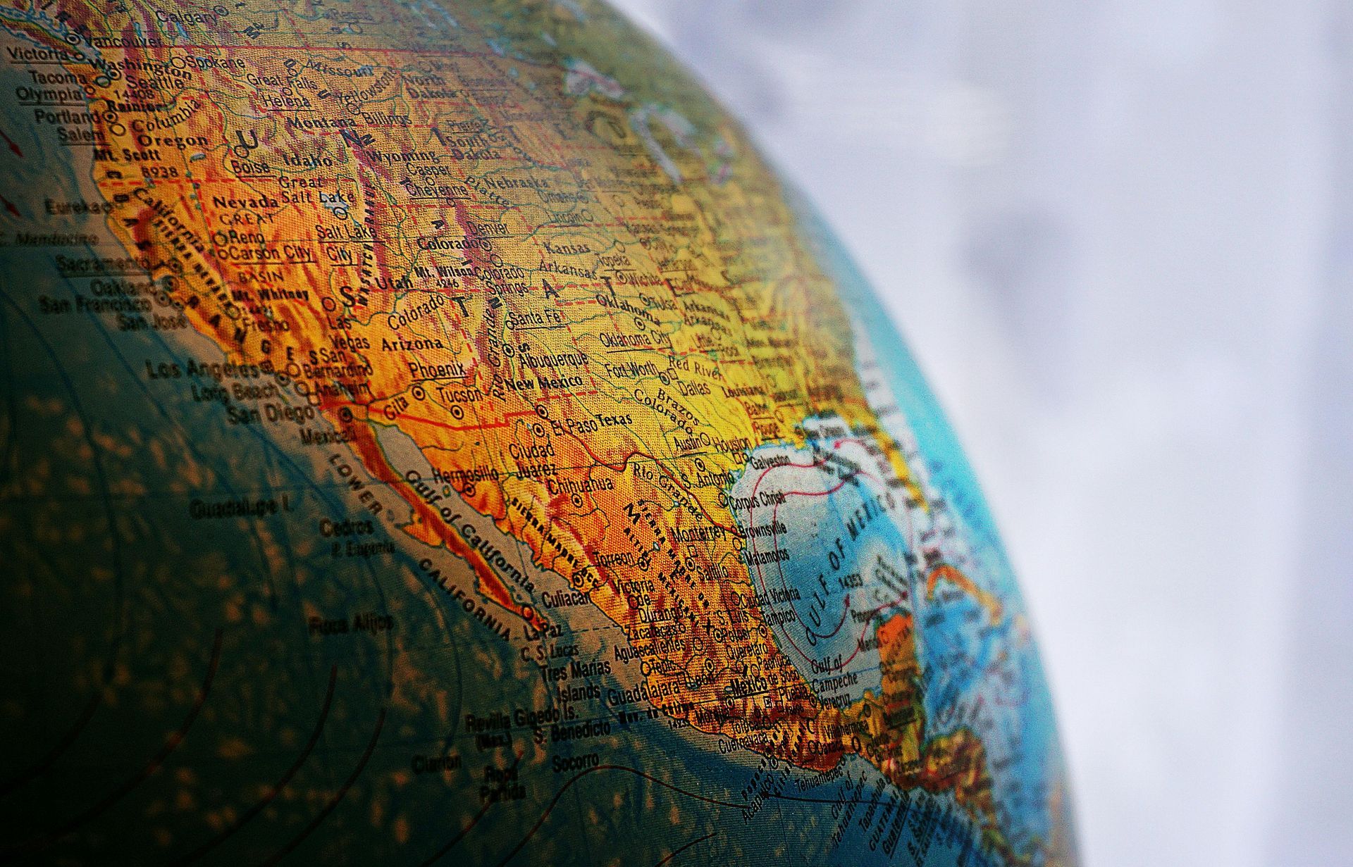 A close up of a globe showing the united states of america.