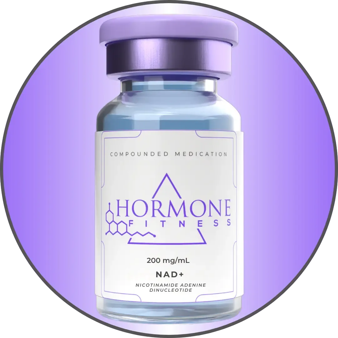 A vial of NAD+by Hormone Fitness on a gradient purple background.