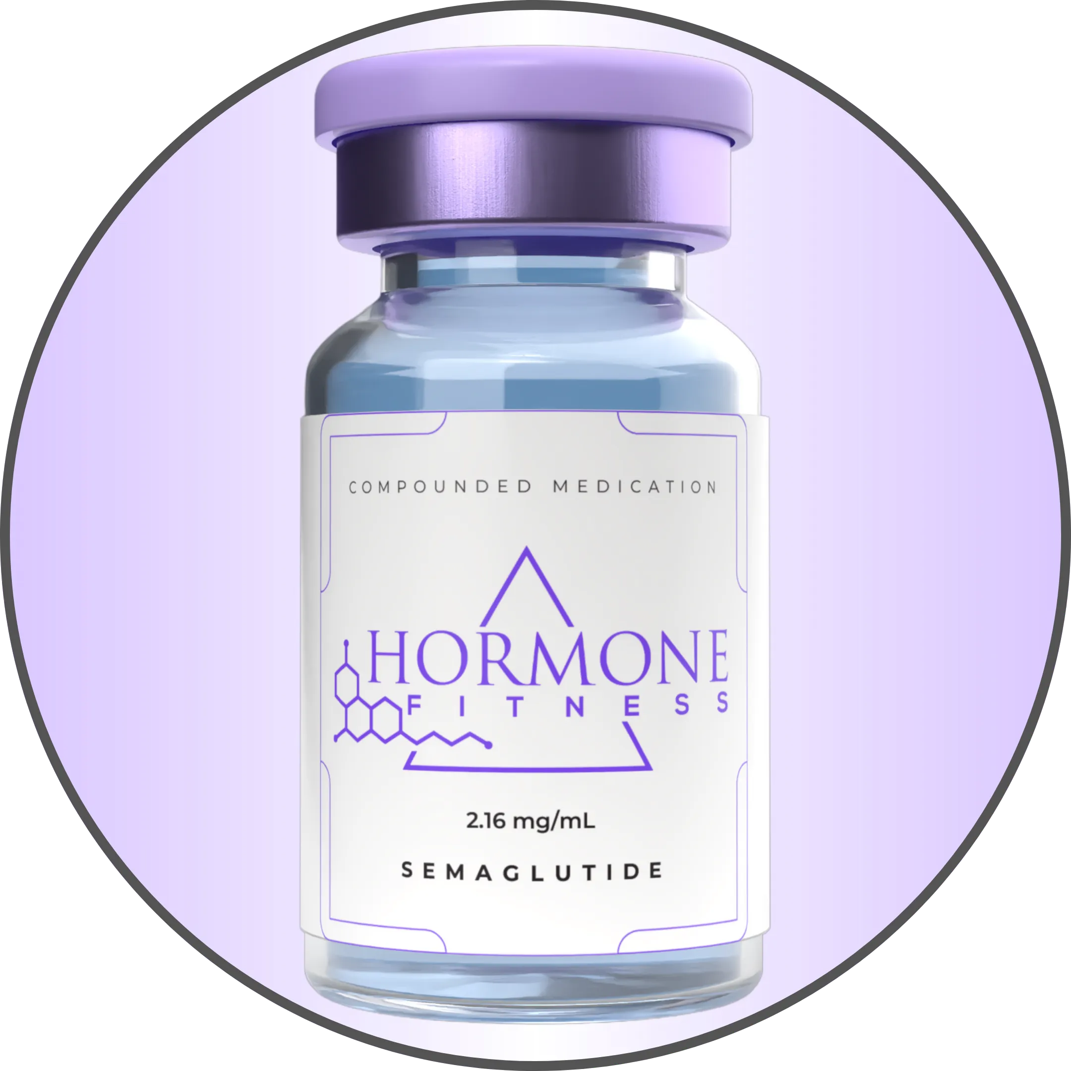 A vial of Semaglutide weight loss medication by Hormone Fitness on a gradient purple background.