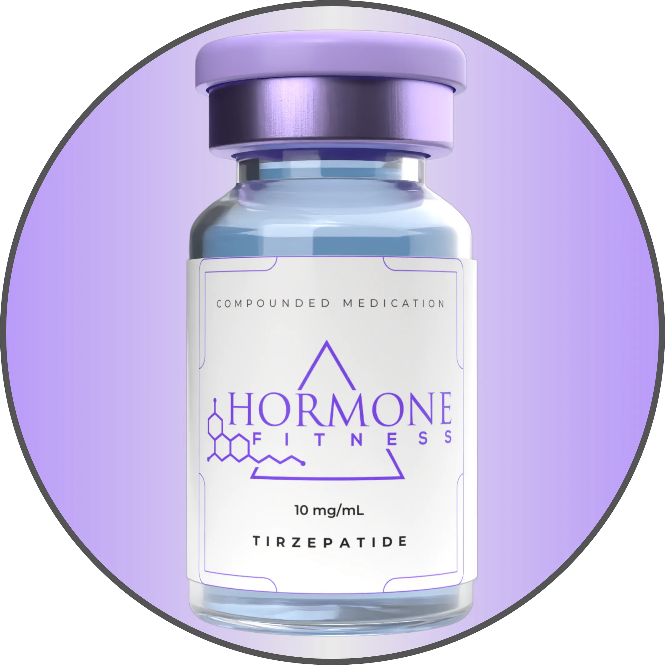 A vial of Tirzepatide weight loss medication by Hormone Fitness on a gradient purple background.