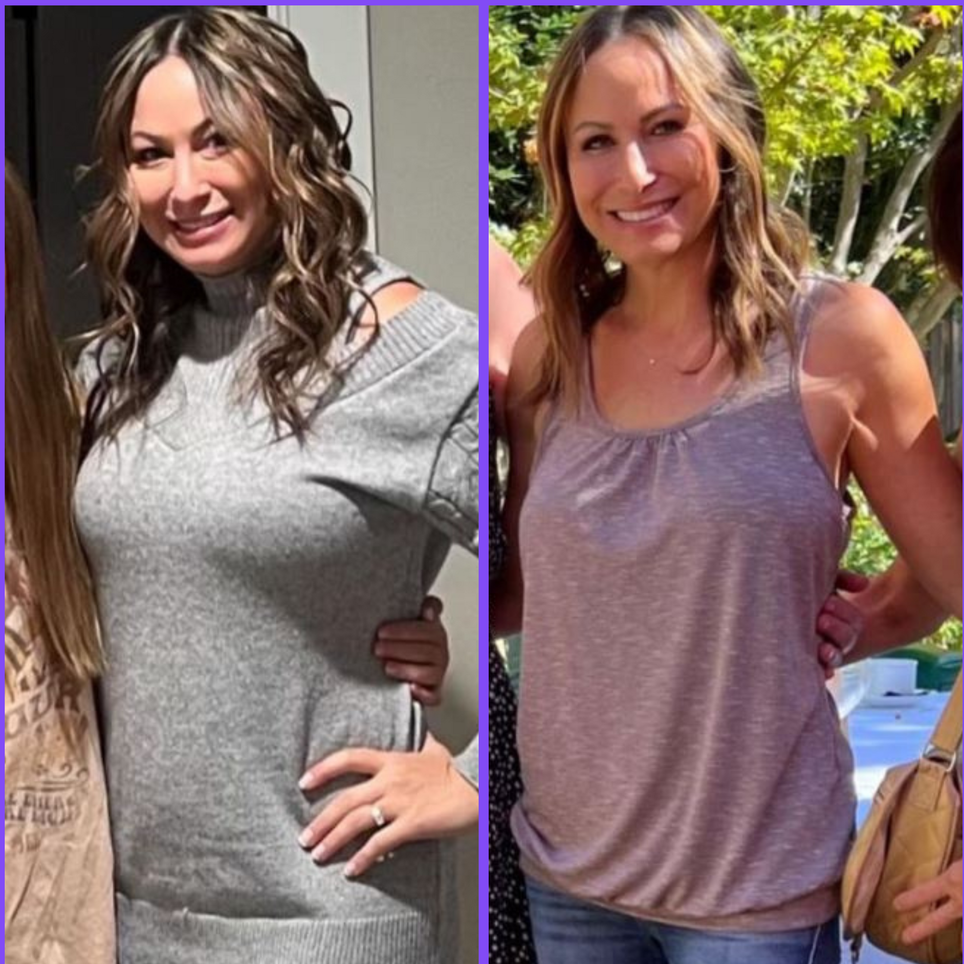 A before and after weight loss transformation of a middle aged white woman with brown hair