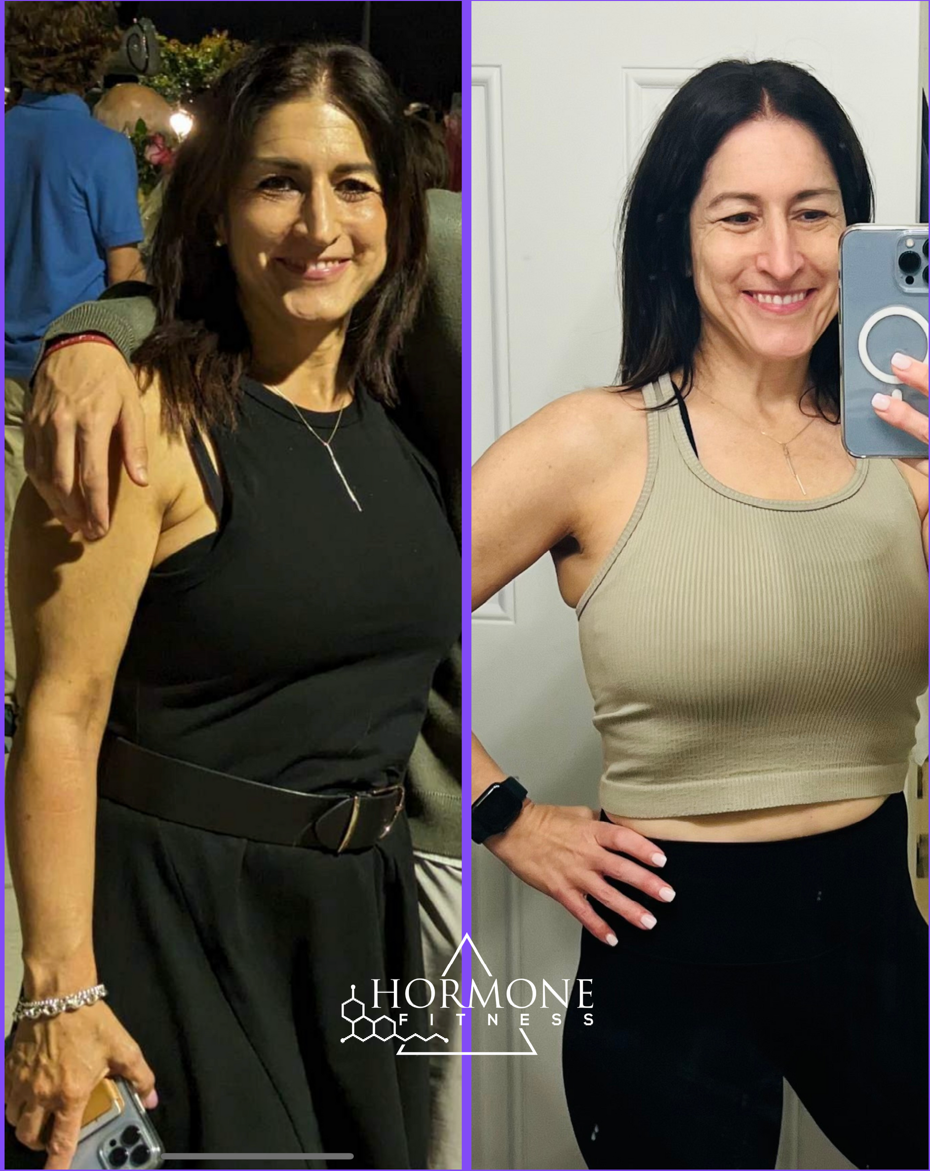 A before and after weight loss transformation of a middle aged white woman with black hair 