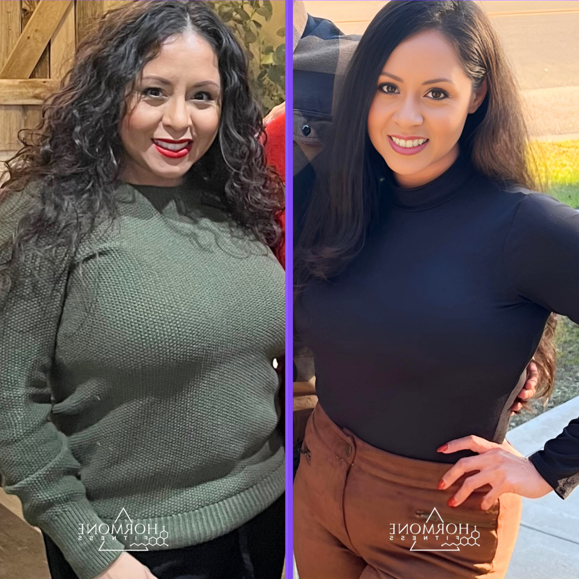 A before and after weight loss transformation of a hispanic middle aged woman 