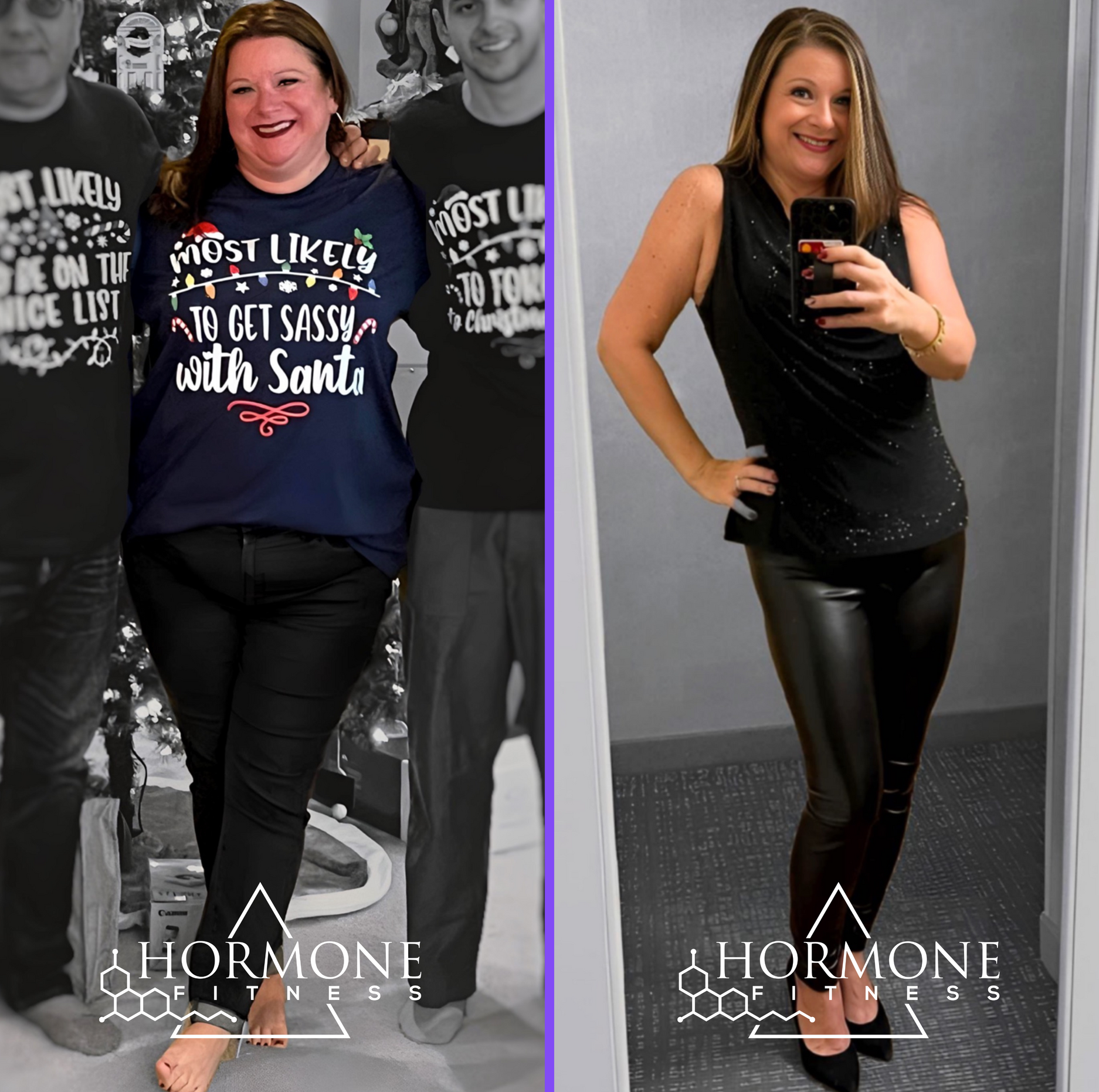 A before and after weight loss transformation of a middle aged white woman with black hair.