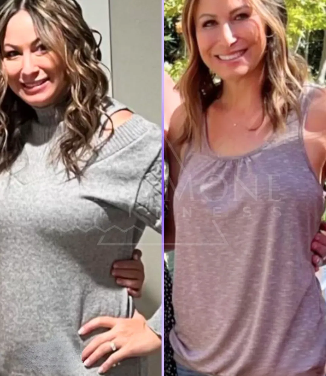 A before and after weight loss transformation of a middle aged white woman with brown hair who has lost weight