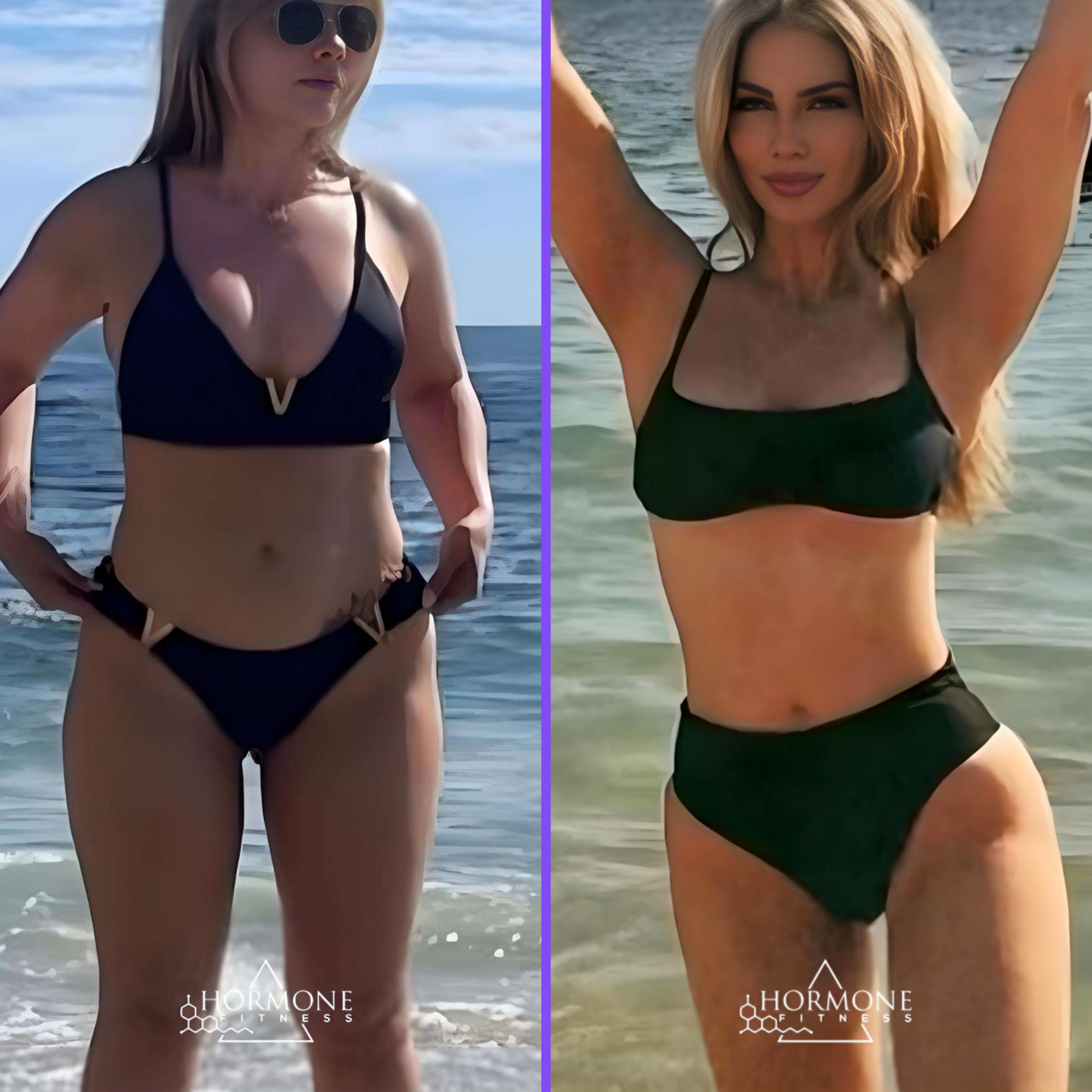 A before and after weight loss transformation of a young woman wearing a black bikini at a beach