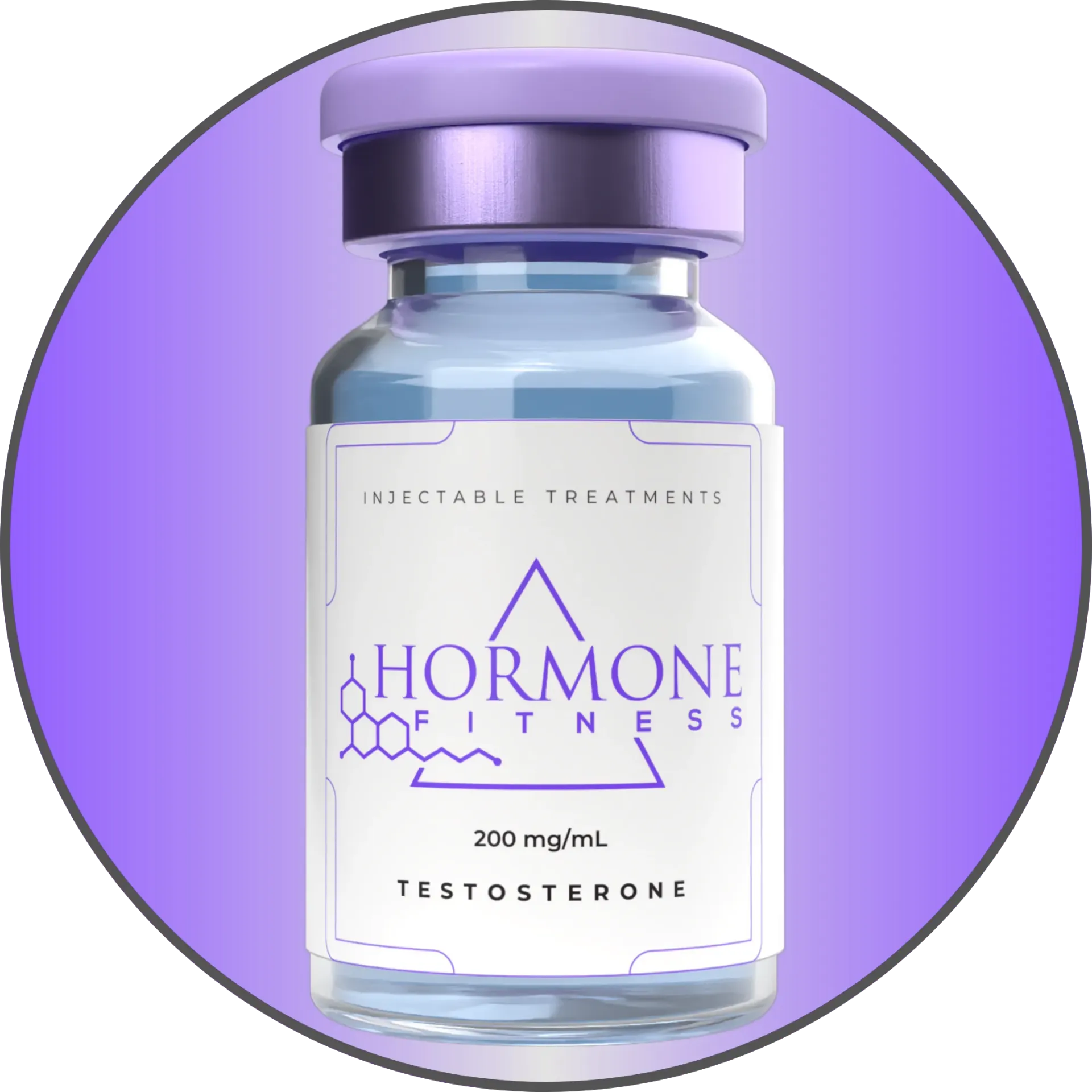 A vial of Testosterone medication by Hormone Fitness on a gradient purple background.