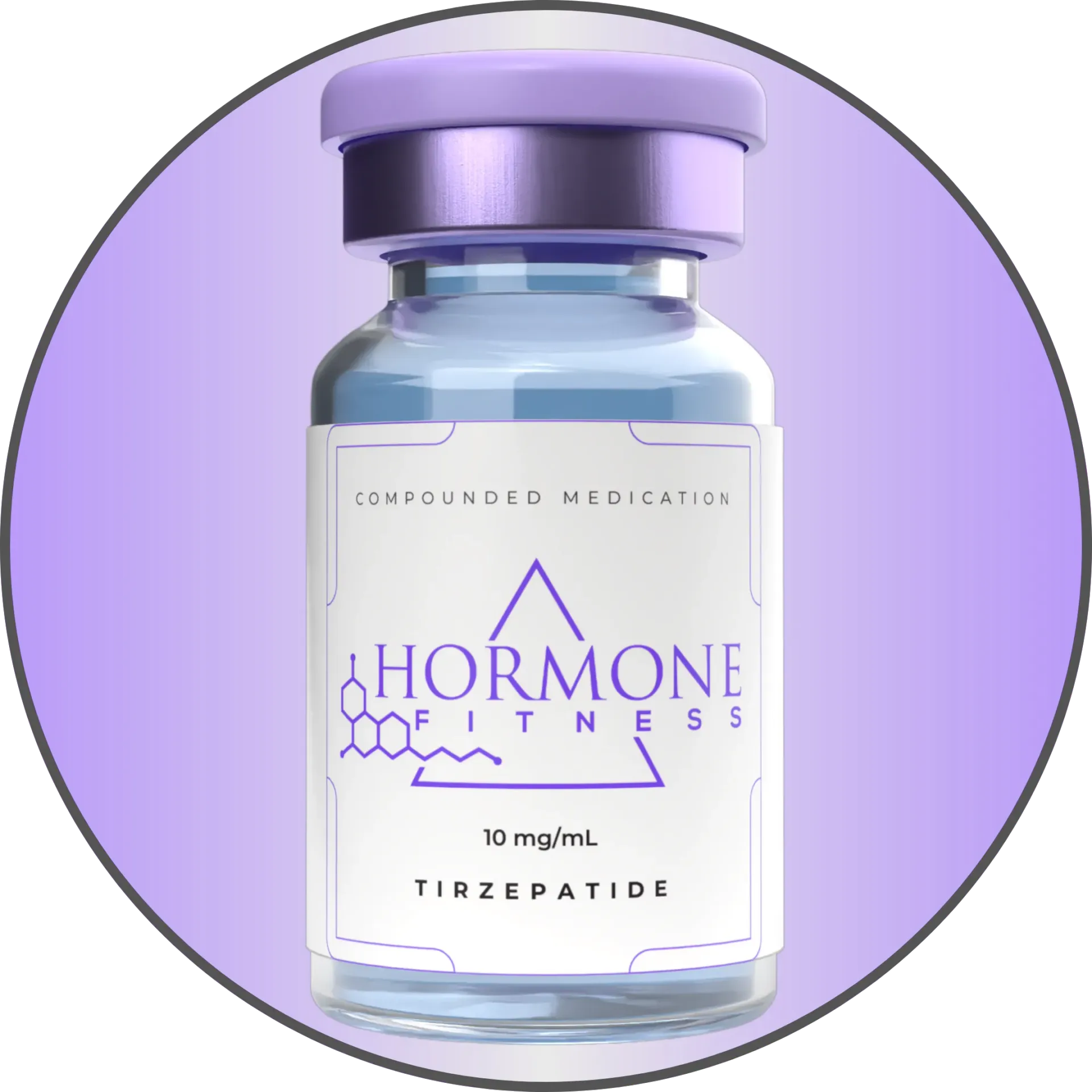 A vial of Tirzepatide weight loss medication by Hormone Fitness on a gradient purple background.