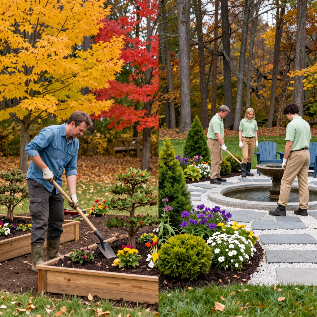 People gardening in a landscaped yard with autumn trees and colorful flowers.