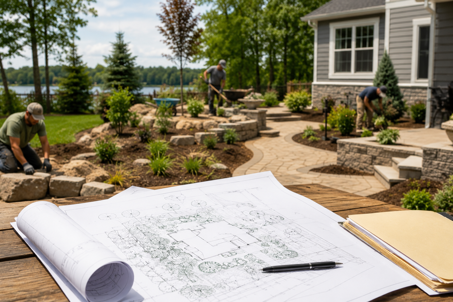 Landscape plan on a table while gardeners work in a stone patio garden beside a house