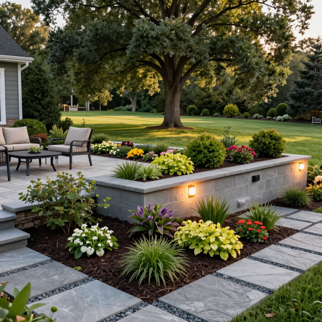 Landscaped patio with stone steps, raised flower bed, and lawn under a large tree at dusk