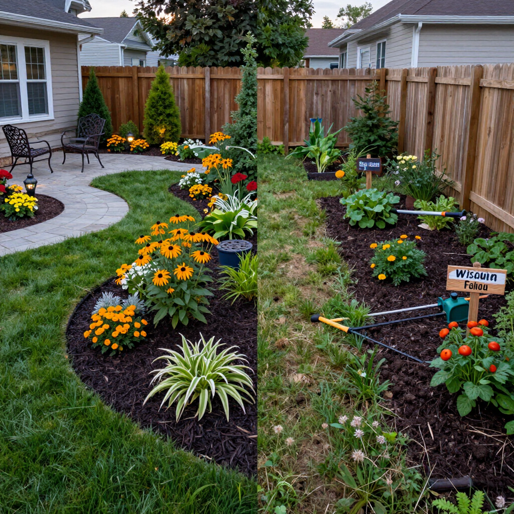 Colorful flower garden along a wooden fence with black-eyed Susans, potted plants, and a curved stone path