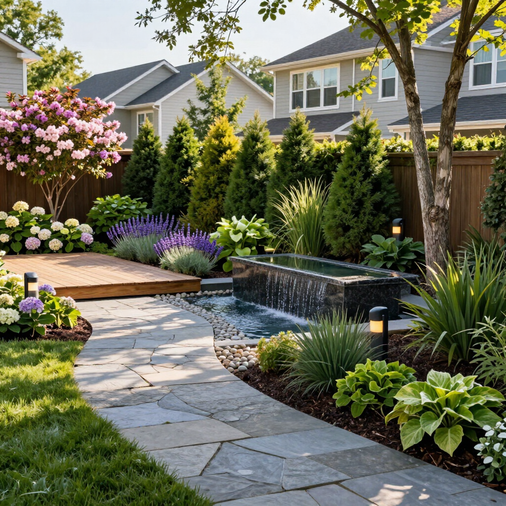 Stone garden path beside a pond, surrounded by lush shrubs, purple flowers, and suburban homes.