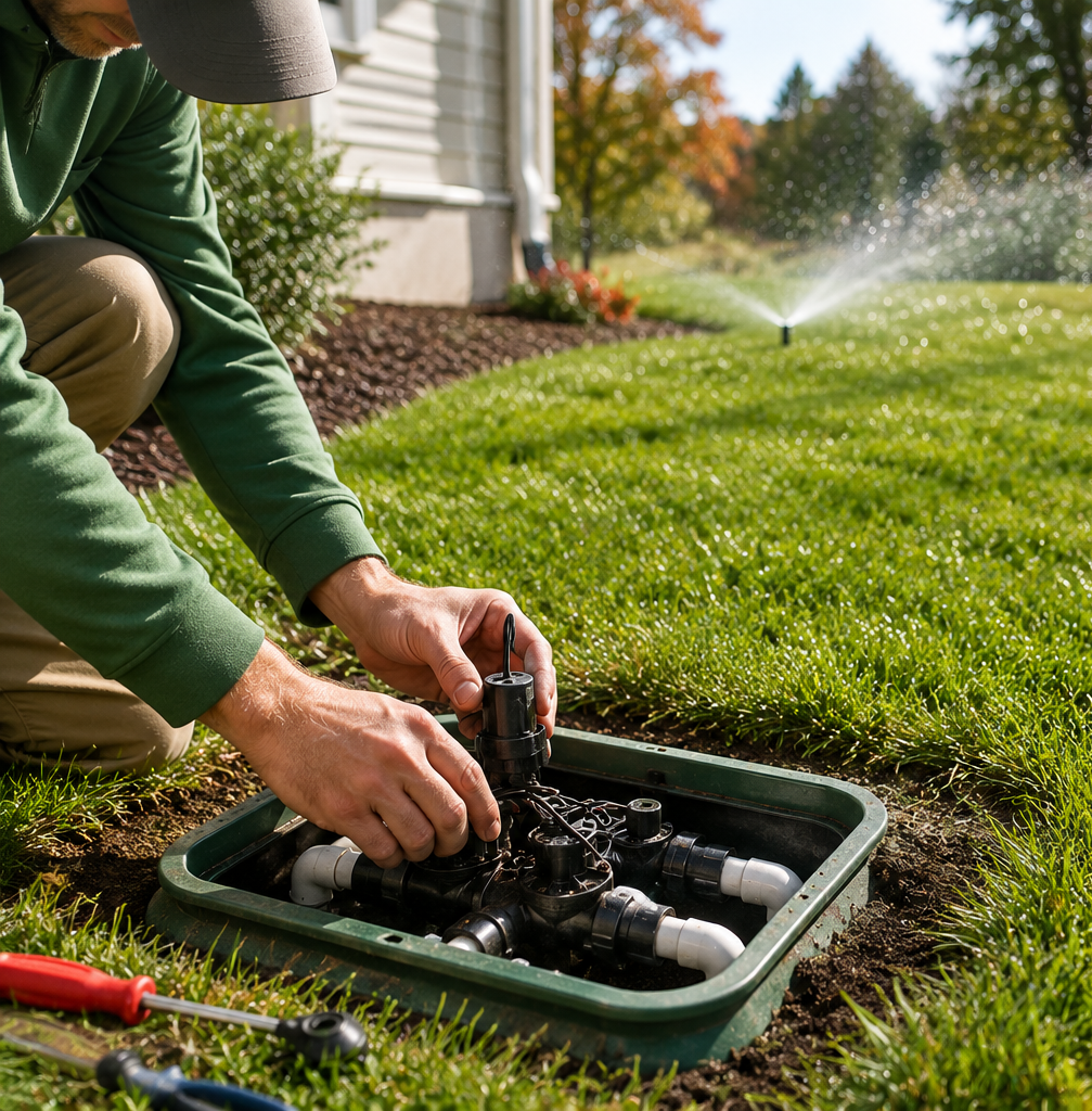 Gardener adjusting a sprinkler valve box on a lawn as water sprays in the background