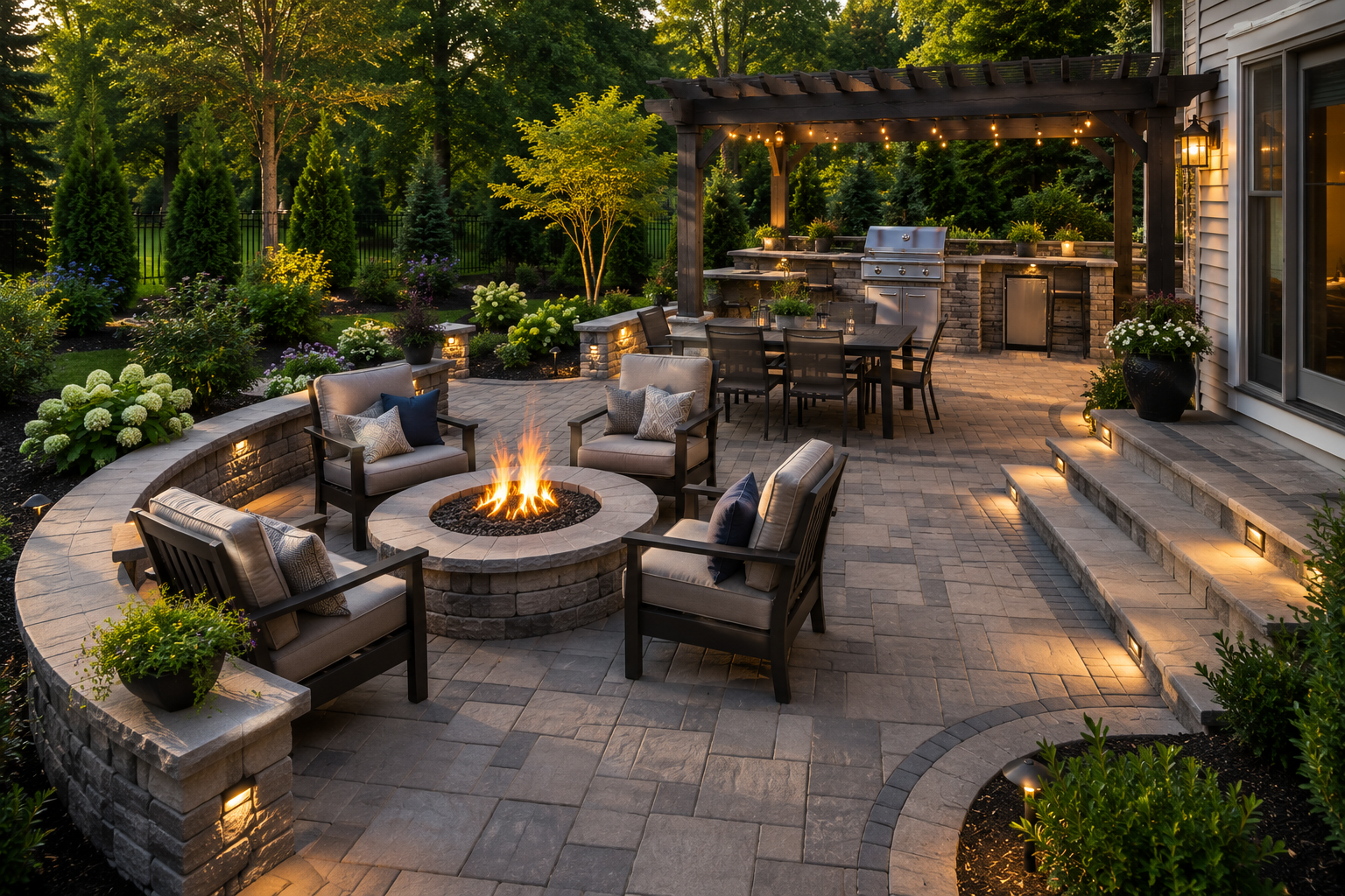 Cozy stone patio with outdoor chairs around a fire pit, landscaped garden, and pergola seating area at dusk