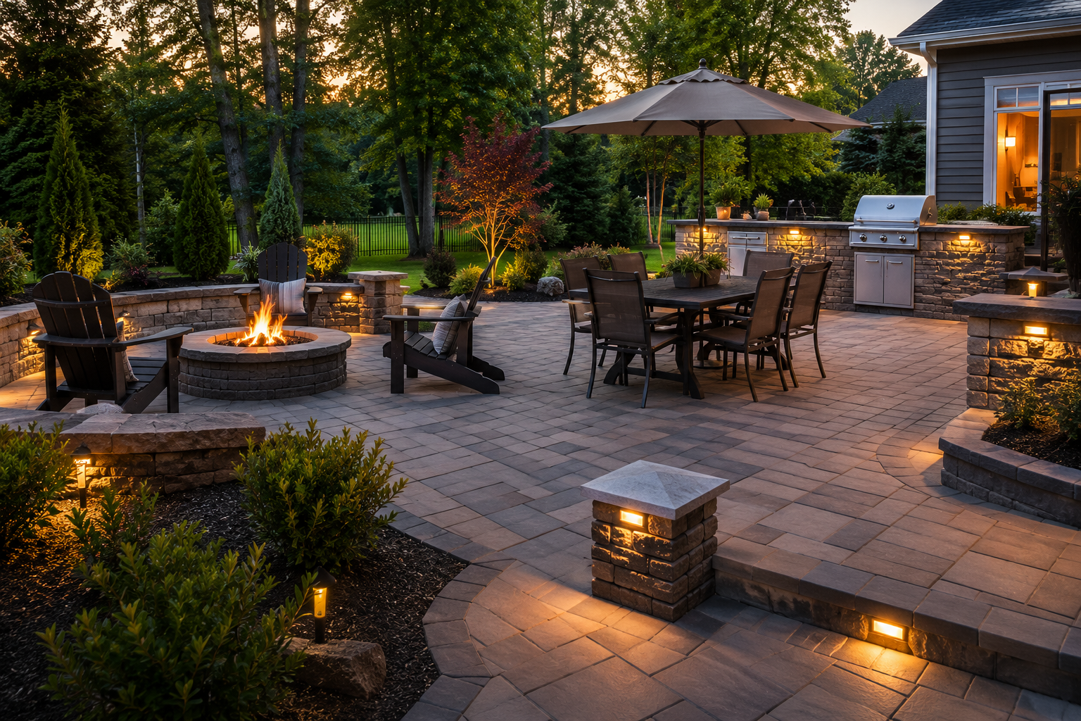 Backyard patio with fire pit, outdoor seating, string lights, and a house at dusk