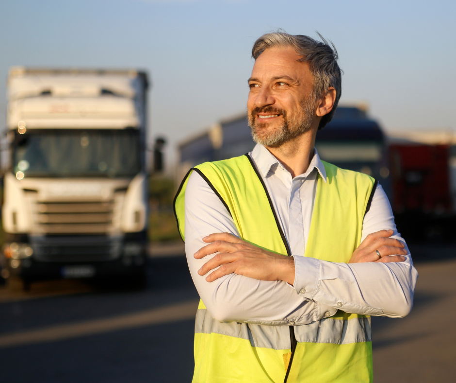 A man in a yellow vest is standing with his arms crossed in front of a truck.