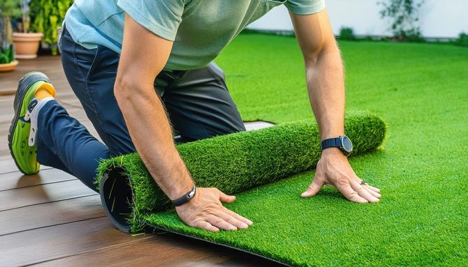 Man rolling out a green artificial turf roll on a wooden deck in an outdoor setting.