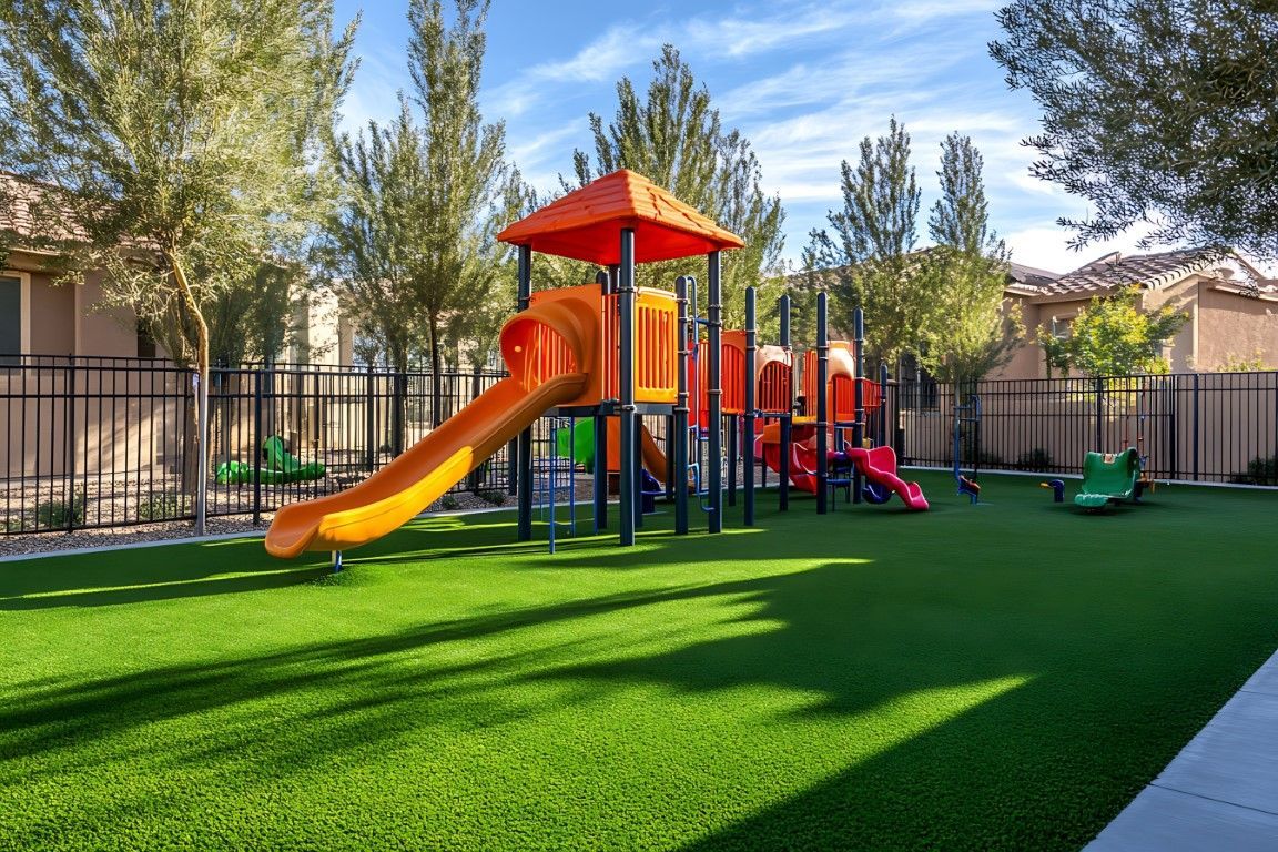 Playground with orange and red slides, climbing structures, and green turf. Black fence and trees surround.