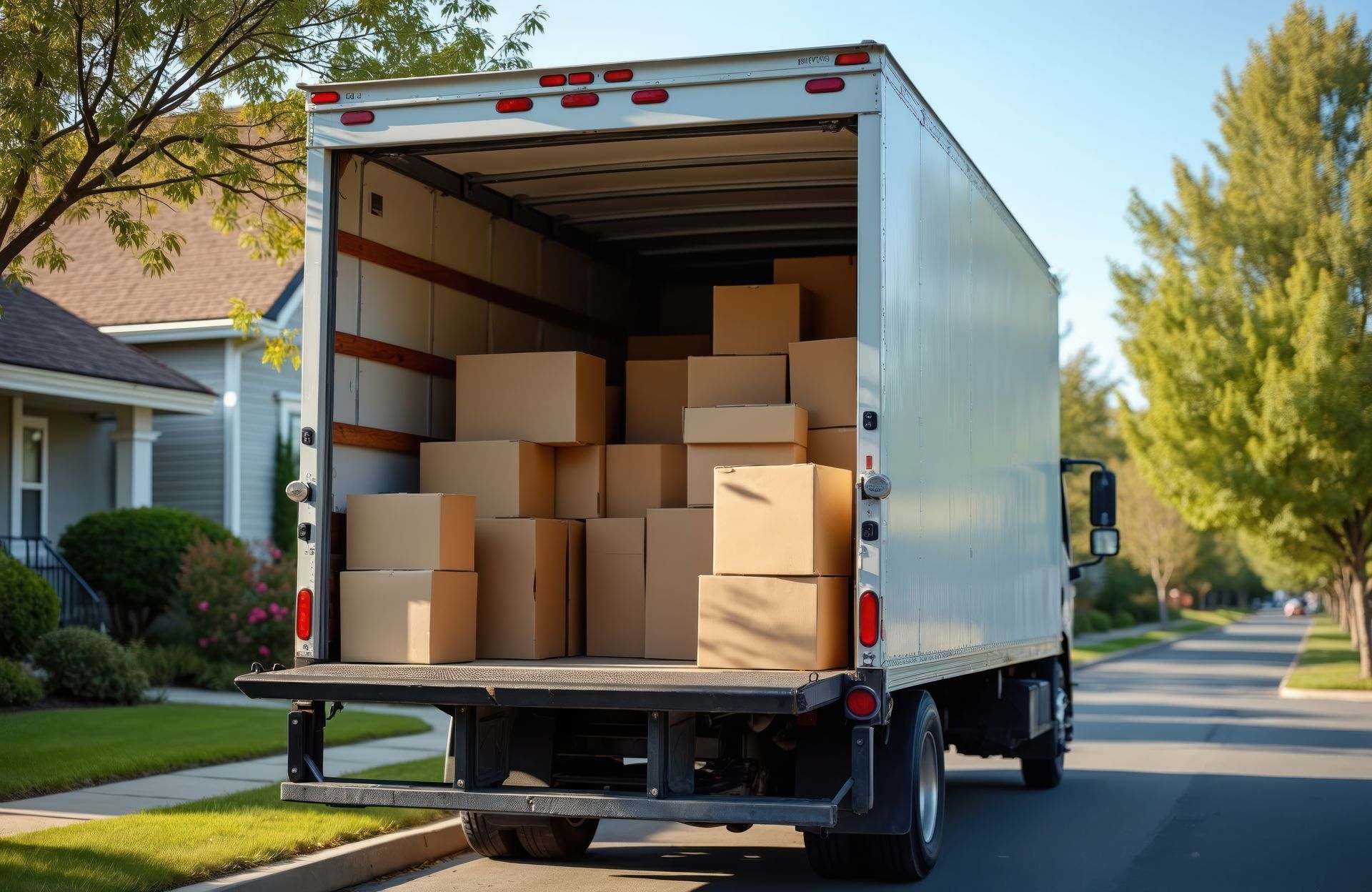 Moving truck backed up in front of a house, filled with cardboard boxes, ready to be unloaded.