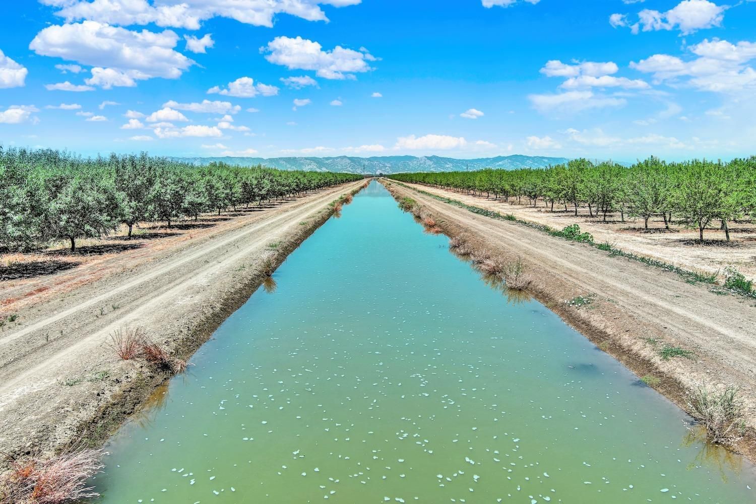 Canal of water flanked by dirt paths and rows of trees under a blue sky with clouds.