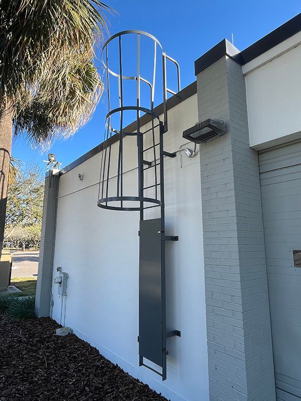 cage at top and protective cover at bottom of roof access ladder in South Tampa