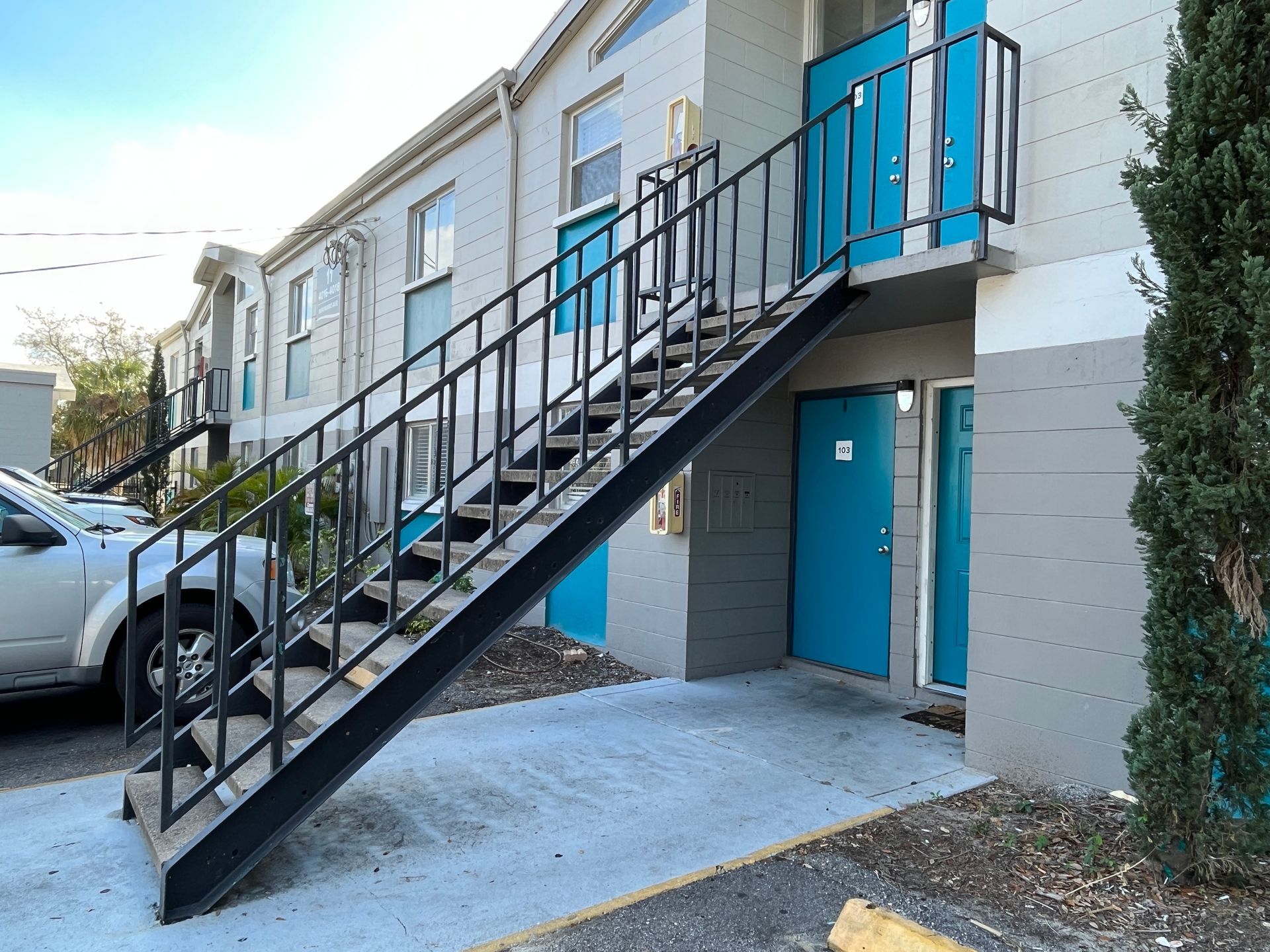steel staircase at an apartment building in Old West Tampa