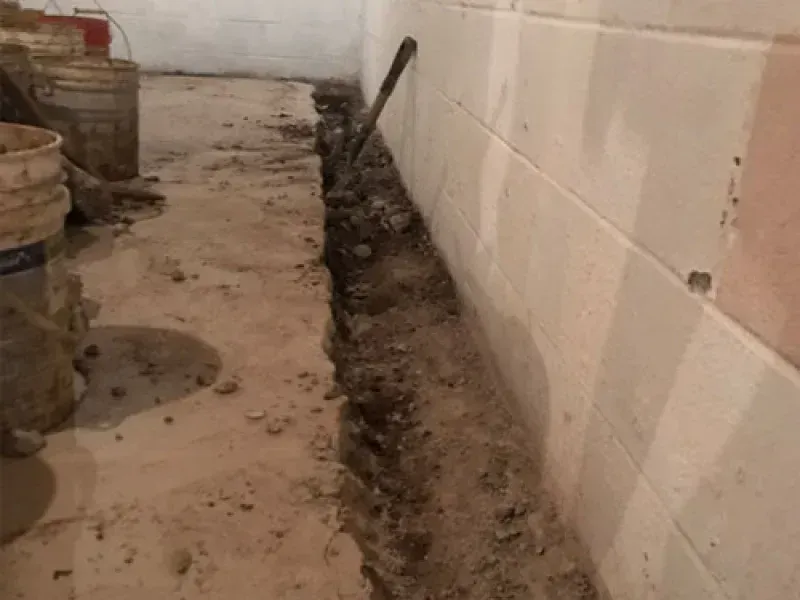 A trench dug into a concrete basement floor along a cinder block wall, with buckets nearby.