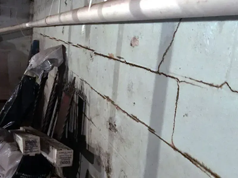 A cinder block wall in a basement showing prominent horizontal and vertical structural cracks.